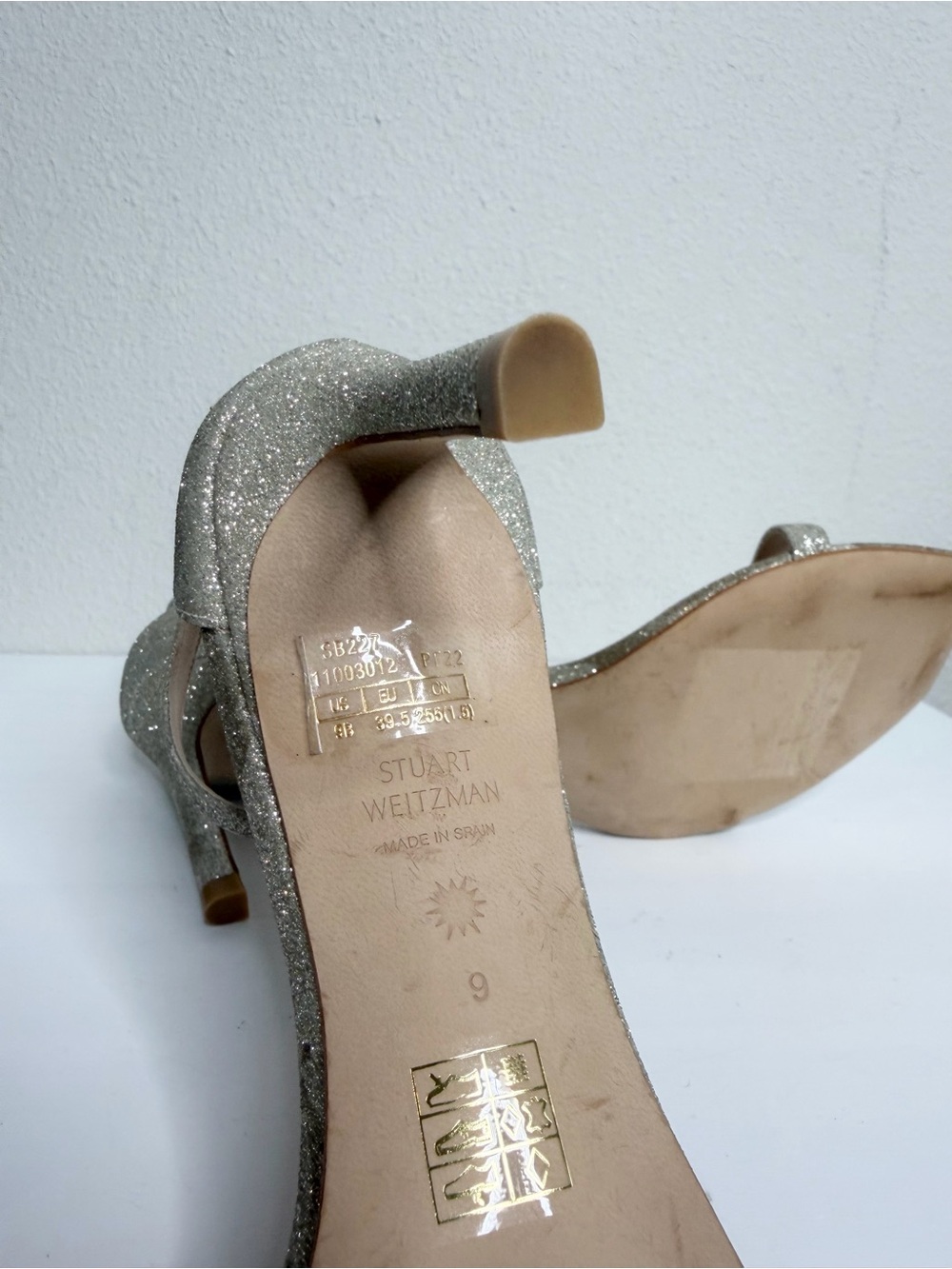 Stuart Weitzman Nudistsong Champagne Glitter Ankle Strap Heels Size 9 *read - Picture 7 of 7
